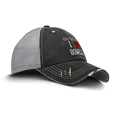 Custom Distressed Trucker Hat I (Love) Bowls Red Heart Sports Lovers Bowling Cotton Trucker Hats for Men & Women Black Gray Personalized Text Here