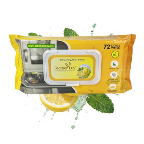 Image of Kitchen cleaning Wipes 72 Pack Large Heavy Duty Multi Surface Wipes with Lemon Scent – Extra Strong Household Wipes Remove Grease Grime by Feather Lux Premium Formula
