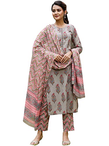 Vaamsi Women’s Cotton Blend Floral Block Printed Straight Kurta Pant With Dupatta (VKSKD1134_Grey)