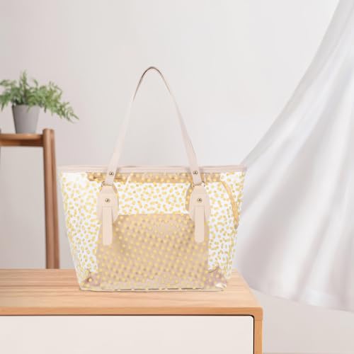 Kisangel Clear Zippered Tote Bag with Dots Pattern for Women Transparent Beach Handbag with Inside Purse Bag Beige Versatile Clear Handbag for Shopping Work and Travel4