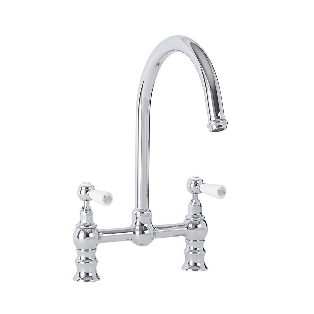Milano Chrome & White Elizabeth Lever Handle Bridge Kitchen Sink Mixer Tap Swivel Spout - Chrome White