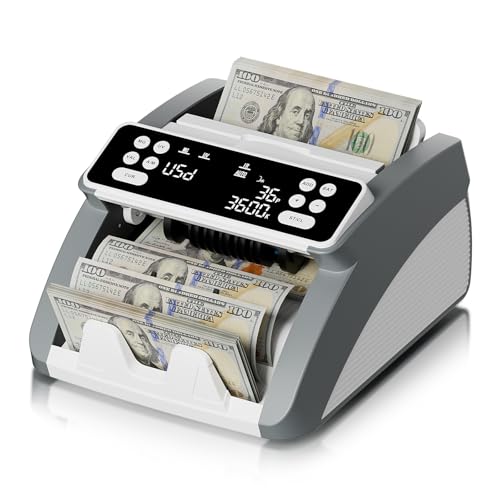 Image of AROHANI Money Counter Machine with Value Count for USD and EUR, UV MG IR DD MT Counterfeit Detection, Count Add Batch Auto Modes, Cash Counter with LED Display, Compact Powerful Design,White