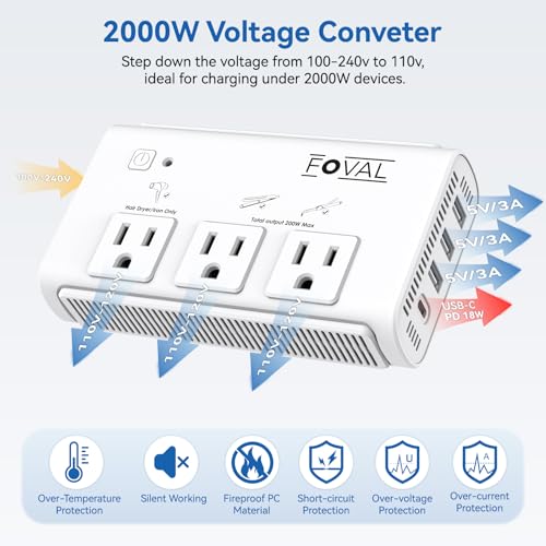 220V to 110V Travel Voltage Converter, FOVAL 2000W International Power Converter for Hair Dryer, Straightener/Curling Iron with 4-Port USB (1 USB C), Step Down Transformer for US/EU/UK/AU/Italy/India3