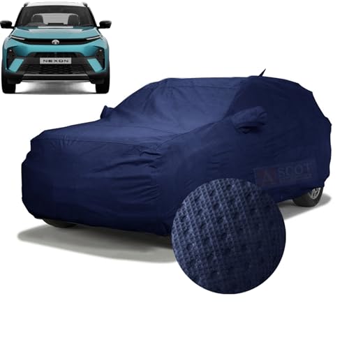 Image of ASCOT, CAR COVER Premium 3-Layer Waterproof & Heat-Resistant Car Cover for TATA NEXON 2023-2026 | UV Shield, Dustproof | Mirror & Antenna Pockets (NEXON Creative + S DT, Tiebond Blue, Car Body Cover)