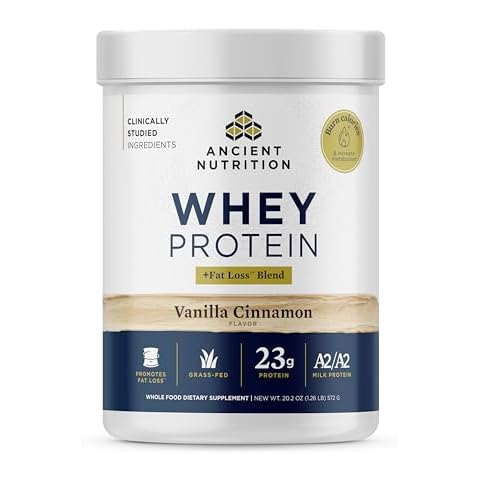Ancient Nutrition Grass Fed Whey Protein + Fat Loss Blend, Vanilla Cinnamon, 23g Protein, Hydrolyzed Collagen Peptides, Organic Regenerative A2/A2 Milk Protein, Boosts Healthy Metabolism, 18 Servings Cover