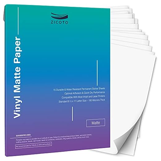 Premium Printable Vinyl Sticker Paper for Your Inkjet and Laser Printer – 15 Matte White Waterproof Decal Paper Sheets - Dries Quickly and Holds Ink Beautifully - Accessories Set for Cricut