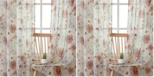 Image of OWENIE Crushed Sheer Curtains 84 Inch Length 2 Panels Set, Sheer Floral Curtains Printed Drapes on Sheers for Living Room, Rod Pocket Light Filtering Window Sheers (2 Panels, 42 inch x 84 inch) (Pack of 2)