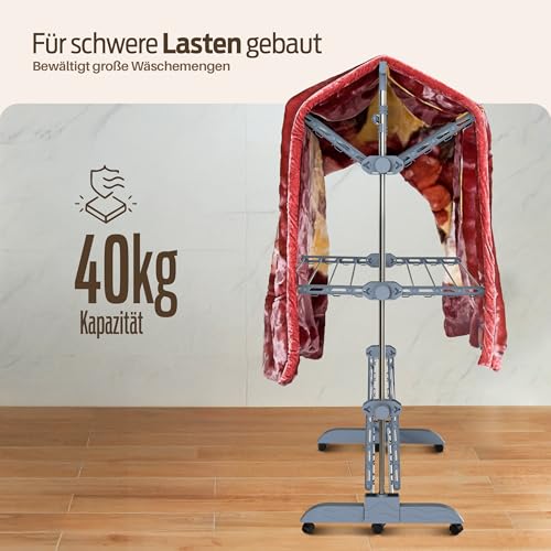 PORTENTUM Wäscheständer Turm klappbar 14 cm mit 5 Ebenen und 58 Haken für Kleiderbügel – Bis 40 kg – ständer mit 24 Edelstahlstangen – Für Innen- und Außenbereich – Rollen mit Feststellbremse