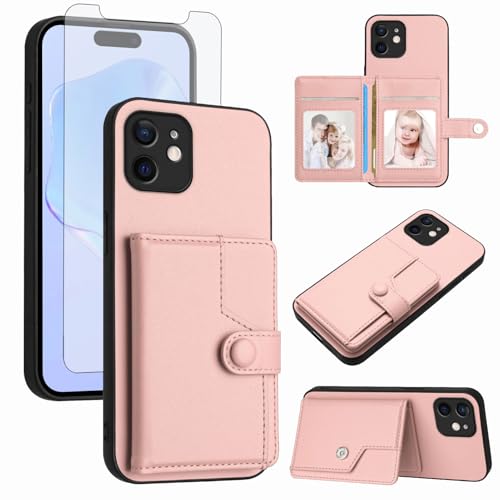 Coque iPhone 12 rose avec fente porte-carte RFID et vitre verre trempé 5G