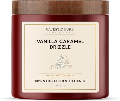 Majestic Pure Vanilla Caramel Scented Candle with Upto 45+ Hrs Burn Time, 2-Wick Candle, Soy Wax Blend for Cleaner Consistent Burn, 10 oz Jar Candle with Room Filling Fragrance, Drizzle