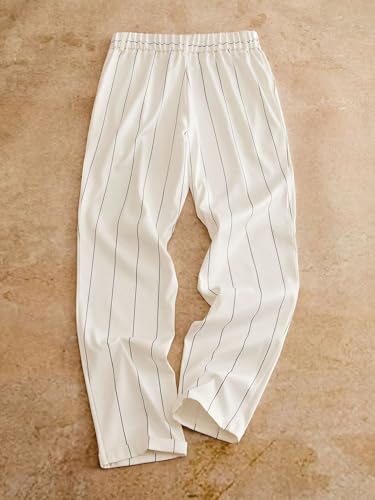 ZAFUL Mens Casual Pants Woven Elastic Waist Vertical Striped Tapered 3/4 Loose Button Trousers with Pockets2