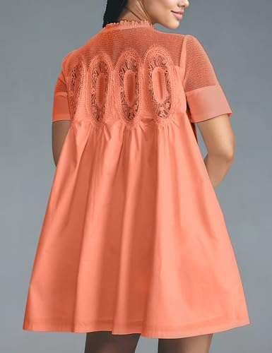 Image of Womens Summer Lace Mini Babydoll Dress Ruffled Collar Short Sleeve Loose Mesh Swing Elegant Flared Sundress