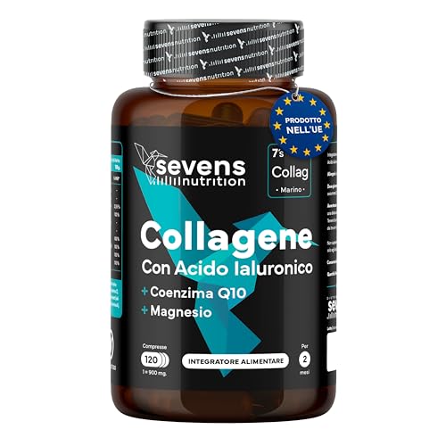 Collagene marino con Acido Ialuronico Idrolizzato Puro - Integratore con Magnesio, Q10 e Vitamine A, C, D3, B12, Zinco - 120 Capsule – Pelle, Ossa e Articolazioni – Sevens