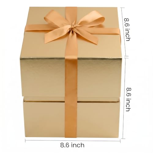 Image of LIFELUM Gold Square Gift Box with Magnetic Closure 8.6 x 8.6 x 8.6 inch, 1 Pack Luxury Gift Box Includes Ribbon, Card, Shredded Paper Filler for Graduation, Birthday, Wedding Gifts