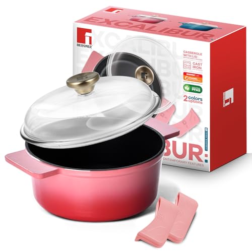 Image of Bergner Excalibur Lightweight Cast Iron Dutch Oven /Biryani Pot /Casserole with Glass Lid, 26cm /5L, Non-Stick Coating, PFAS Free, Elegant Design, Silicone Grips, Induction and Gas Stove Ready (Pink)