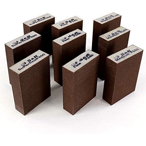S&R Schleifschwamm-Set 9 St, 100 x 70 x 25 mm, Schleifklötze, Handschleifer, 3 Körnungen, Mittel 3x P180, Fein 3x P240, Superfein 3x P400 zum Schleifen, Polieren von Metall, Holz, Stahl, Edelstahl Cover