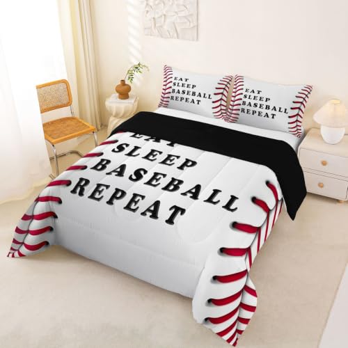 Image of Feelyou Baseball Comforter Set Queen Size Ball Pattern Bedding Set for Kids Boys Girls Eat Sleep Sports Theme Duvet Quilt Bedroom Decor Microfiber 3 Pcs with 2 Pillow Cases