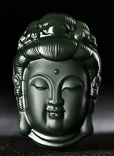 China Natural Hetian Green Jade Nephrite Carved Kwan Yin Goddess Pendant Amulet (Kwan Yin Bust Head)