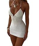Knitted Halter Hollow Out Cover Up Dress Sunmmer Sexy Bandage Cutout Dress V-Neck Crochet Beach Dress (Medium,White)