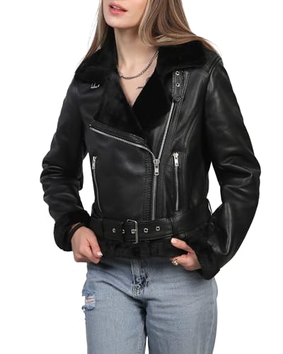 Blingsoul Schwedische Bomberjacke aus echtem Lammfell - Shearling gefütterte Lederjacke Damen | [1309323] Agns Schwarz, M, Agns - Schwarze Lederjacke, M
