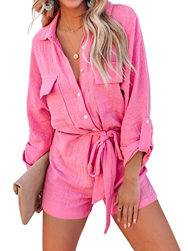 Ebifin Women's Summer Long Sleeve Botton Down Romper Pockets Belted Loose Casual Jumpsuits