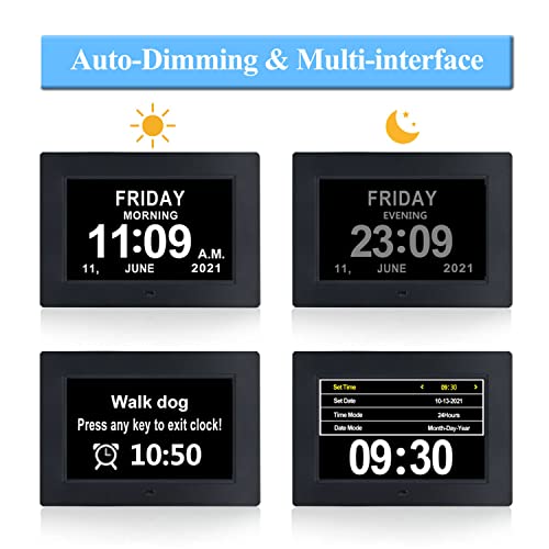 Digital Day Calendar Clocks, Extra Large Day Date Time Dementia Clock For Senior Elderly Memory Loss Vision Impaired Alzheimer's 12 Alarm Reminders Auto-Dimming, Am/Pm 12/24H (7 Inch Black) #TOP3