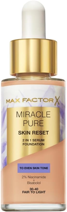 Miracle Pure 2in1 Skin Reset Serum Foundation, 30-40, Fair to Light, Vegan Formula, Evens Skin Tone, Medium Coverage, Satin Matte Finish, Niacinamide & Bisabolol, 30ml (1oz)