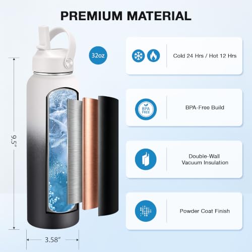 Image of SENDESTAR Water Bottle 32oz Double Wall Vacuum Insulated Leak Proof Stainless Steel Sports Water Bottle-Wide Mouth with New Flex Straw Lid & Spout Lid (Day&Night)