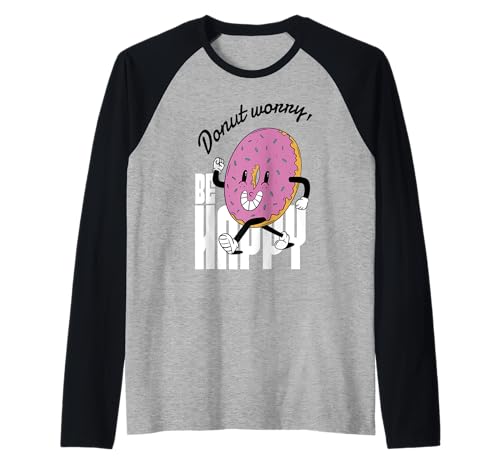 Cómic Kawaii retro vintage de Donut Worry Be Happy, rosa Camiseta Manga Raglan