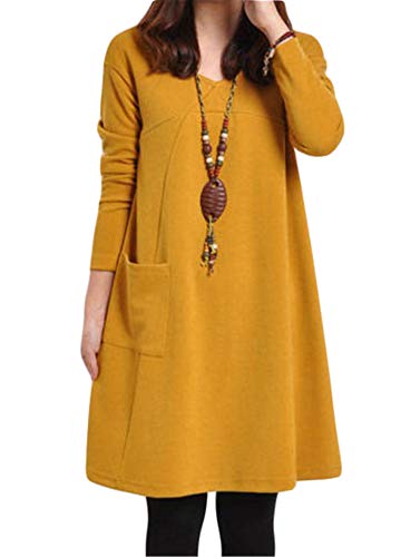 JIER Damen Langarm Tasche Lose T-Shirt Kleid Casual Swing Minikleid Kleid Plus Tops Rundhals Casual Tunika Mini Kleider Einfarbig A-Linie Lang...