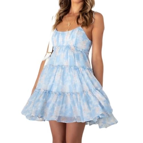 AELSON Sundresses for Women 2025 Floral Summer Dress Boho Flowy Cute Dresses Spaghetti Strap Sleeveless Ruffle Mini Dress Medium 8-blue Floral