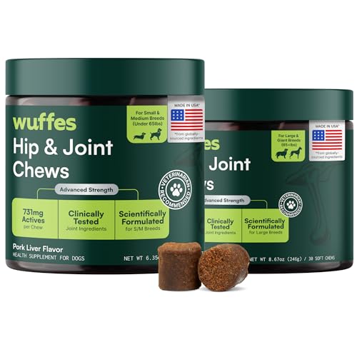 Wuffes Advanced Dog Hip and Joint Supplement with Glucosamine, Chondroitin, Omega 3, MSM, and Green Lipped Mussel, (Pack of 2, Small & Large Breed)