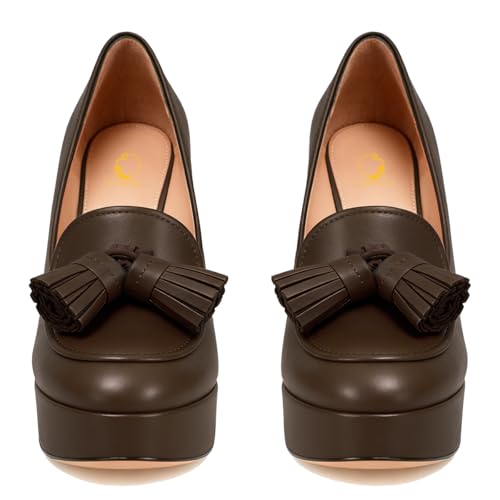 Image of SHODENSE Women Vintage Chunky Platform Loafers Pumps Tassel Round Closed Toe Slip On Suede Block High Heel Dress Loafer Shoes Buckle Strap Oxford Loafers Fringe Pump Dressy Chic Sexy Y2k 4-11 M US
