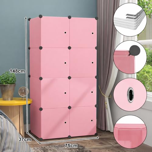 Image of Plastic Wardrobe for Kids Clothes - Durable, Easy to Use Anti-Skid & Non-Slip Effective Professional Collapsible Wardrobe, Plastic Cupboard for Kids, Foldable Almirah (Pink, 8-Cube)