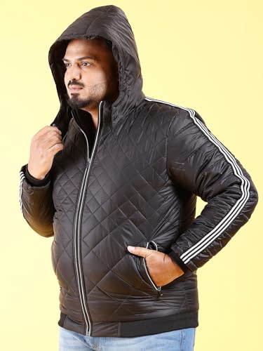 Image of Hardsoda Men Black Plus Size Solid Hooded Quilted Jacket
