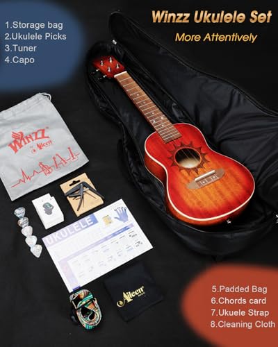 Winzz Ukulele Erwachsene Konzert 23 Zoll Anfänger Set Mahagoni-Holz, Kinder Einsteiger, Einzigartige Ukulele Kaufen Geschenke (Carbon Saiten, Matte Sunburst)