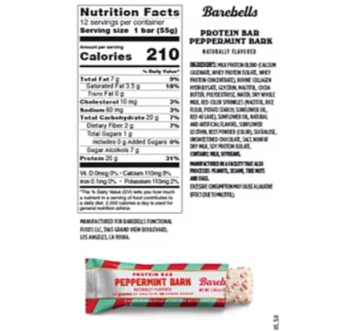 Image of Barebells Protein Bars Peppermint Bark - 12 Count, 20g Protein, Creamy Vanilla Nougat with 1g Sugar, White Chocolate Coated Snack for Breakfast or Post-Workout