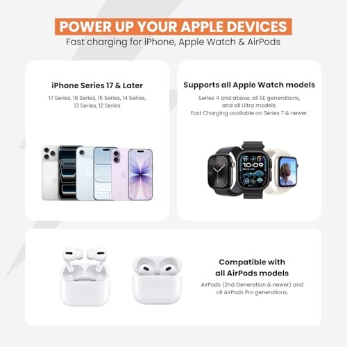 Image of Virtutron 3-in-1 Magnetic Wireless Charger Qi2 | 23W MagSafe Charging Stand | Compatible for iPhone 17 /16 /15 /14 /13 /12 Series, Apple Watch Ultra /SE /10 /9 /8 & AirPods 4 /3 /2 Gen & Pro