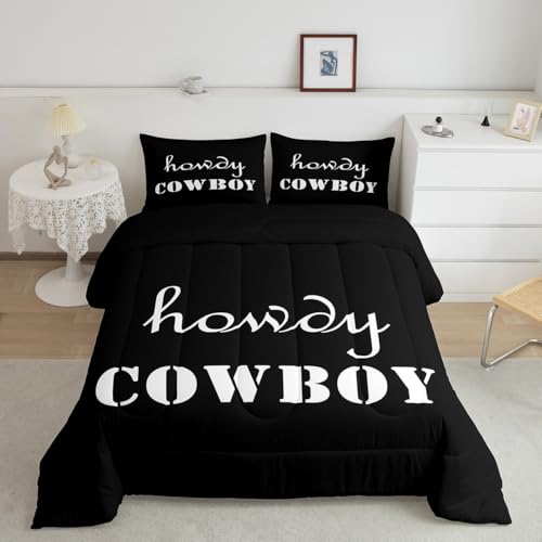 Image of Feelyou Kids Howdy Cowboy Bedding Set Twin Size, Western Black Comforter Set Funny Western Retro Comforter Kids Boys Girls Rustic Duvet Insert Microfiber Bed Set