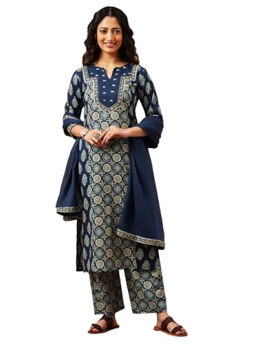 Image of Vbuyz Women Foil Print & Gota Patti Work Straight Cotton Salwar Suit | Straight Kurta Pant Dupatta | Kurta Set with Dupatta for Women | Suit Set | Ethnic Set | Printed Kurta Set