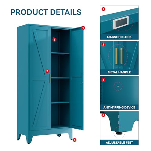 Image of Farmhouse Pantry Cabinet with Barn Doors,61 inch H x 27.5 inch W,Metal Cabinet with Adjustable Shelves,4-Tier Storage Cabinet for Kitchen Dining Room Garage,Blue 1 Pack