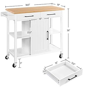 Yaheetech kitchen island cart with bamboo countertop rolling kitchen storage trolley with 2 drawers and adjustable shelves compartment cabinets and towel bar 385x18x36 inches white  urban country home decor