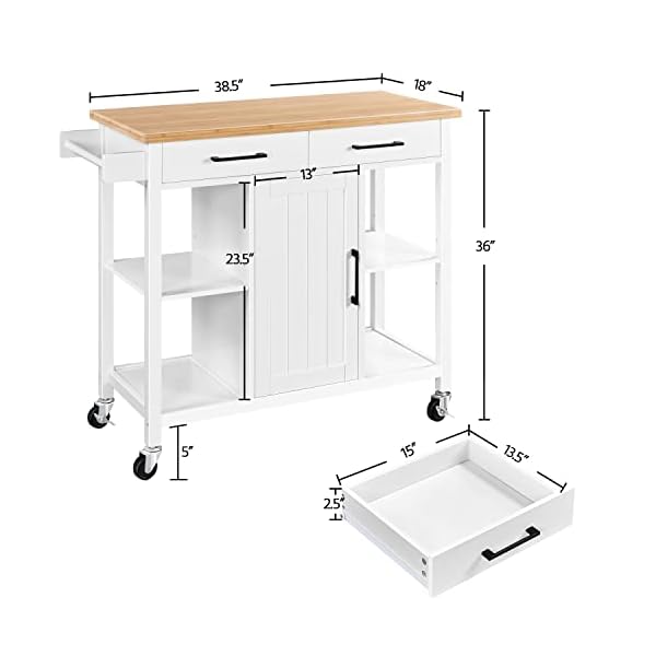 Yaheetech kitchen island cart with bamboo countertop rolling kitchen storage trolley with 2 drawers and adjustable shelves compartment cabinets and towel bar 385x18x36 inches white  urban country home decor
