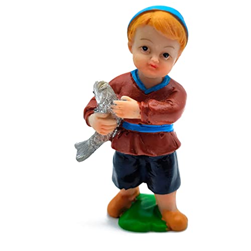 Acan Tradineur - Figura de Pastor con pez para belén - Fabricado en marmolina - Figura Decorativa Divertida para Nacimiento, Navidad, decoración Tradicional - 8 x 4 x 3 cm