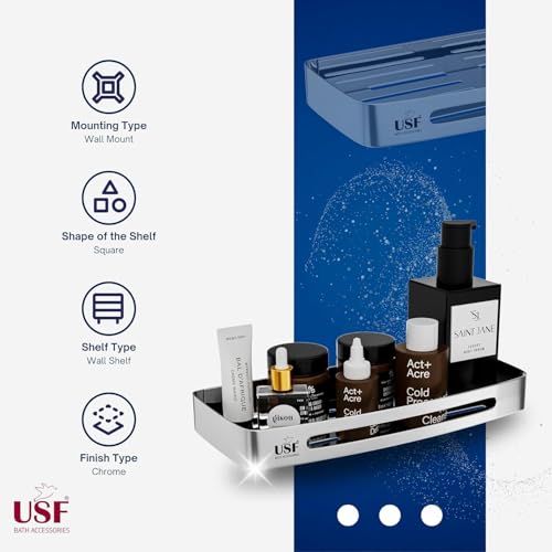 Image of USF Elegance Stainless Steel Corner Shelf, Wall Mounted Bathroom & Kitchen Storage Rack for Toiletries & Essentials, Compact Space Saving Organizer, Instant Installation, Chrome Finish (Pack of 2)