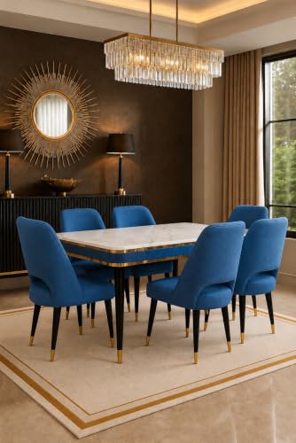 Image of WOODEN SPACE 6-Seater Wooden Dining Table Set | Nano Composite Marble Top | Solid Wood Base | Modern Dining Room Furniture with 6 Chairs (Vintage Blue)