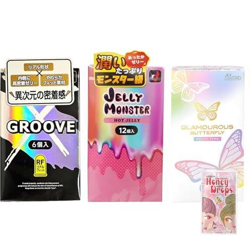 コンドーム 3箱セット (合計28個) オカモト GROOVERF グルーヴ リアルフィット 6個入 ゼリーモンスター ホットゼリー 12個入 グラマラスバタフライ メルティ 10個入 ハニードロップス 20ml 1個付き - 画像1