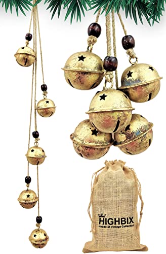 HIGHBIX Set of 5 Harmony Jingle Bells Vintage Handmade Rustic Lucky Christmas Hanging Décor Bells On Rope (Cluster Bell's)