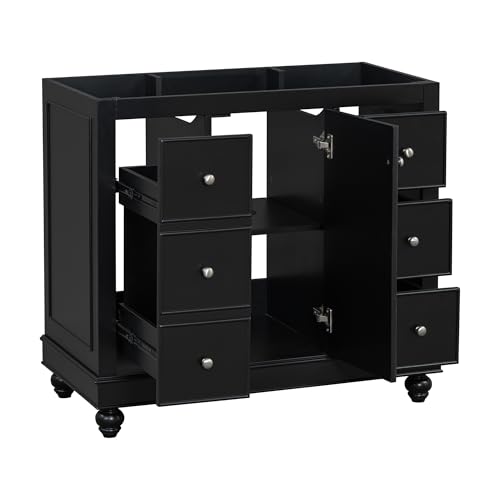 THEMEPT Stylish and Spacious 36-Inch Black Bathroom Vanity Cabinet, Wood Frame with Metal Handles, Storage for Toiletries and Grooming Tools