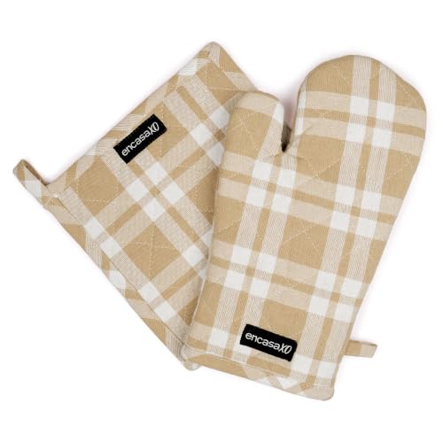 Image of Encasa XO Heat Resistant 100% Cotton Oven Glove & Potholder Set with Loop, Kitchen Cooking Mittens, Microwave Safe Hot Pads (Franca Beige Checks)